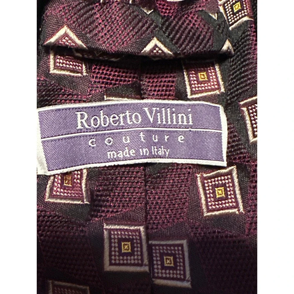 Roberto Villini Couture Burgundy Geometric Silk Tie Made in Italy Mens Necktie